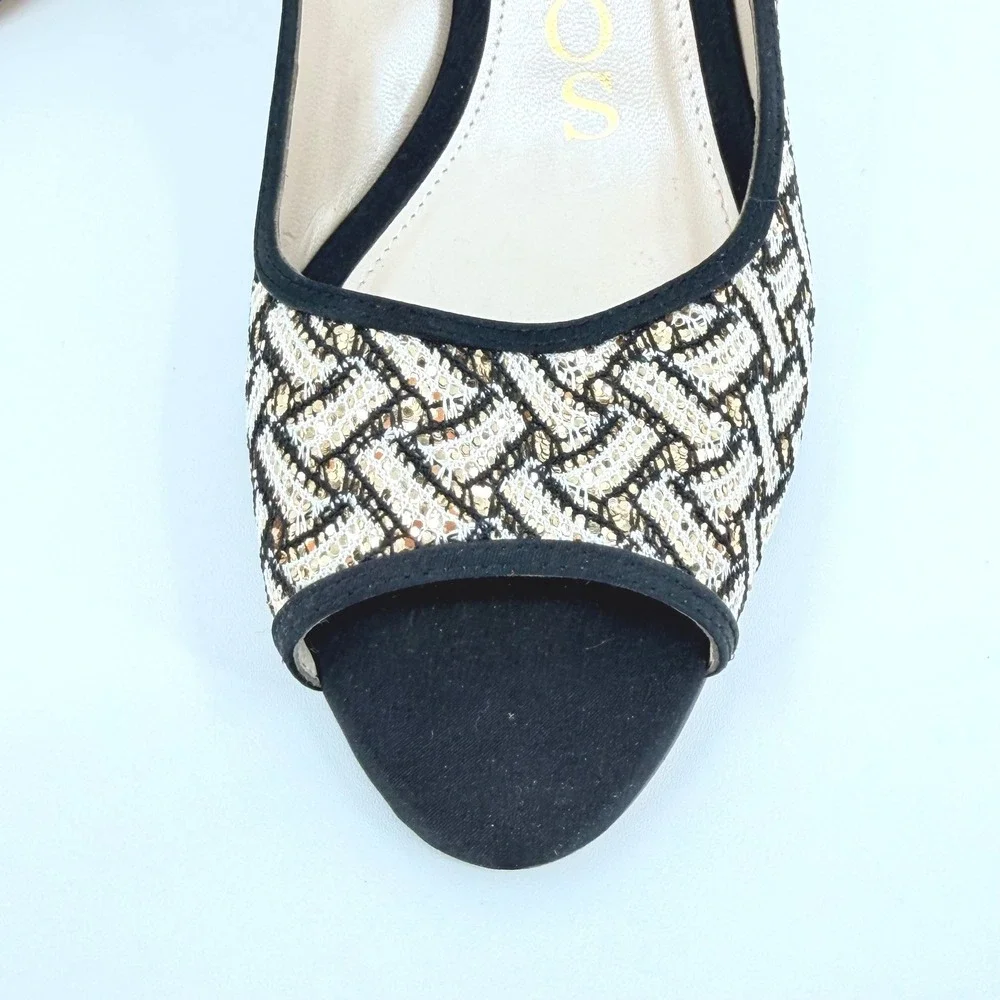 Caparros Womens Black Gold Woven Peep Toe‎ Kitten 3.5